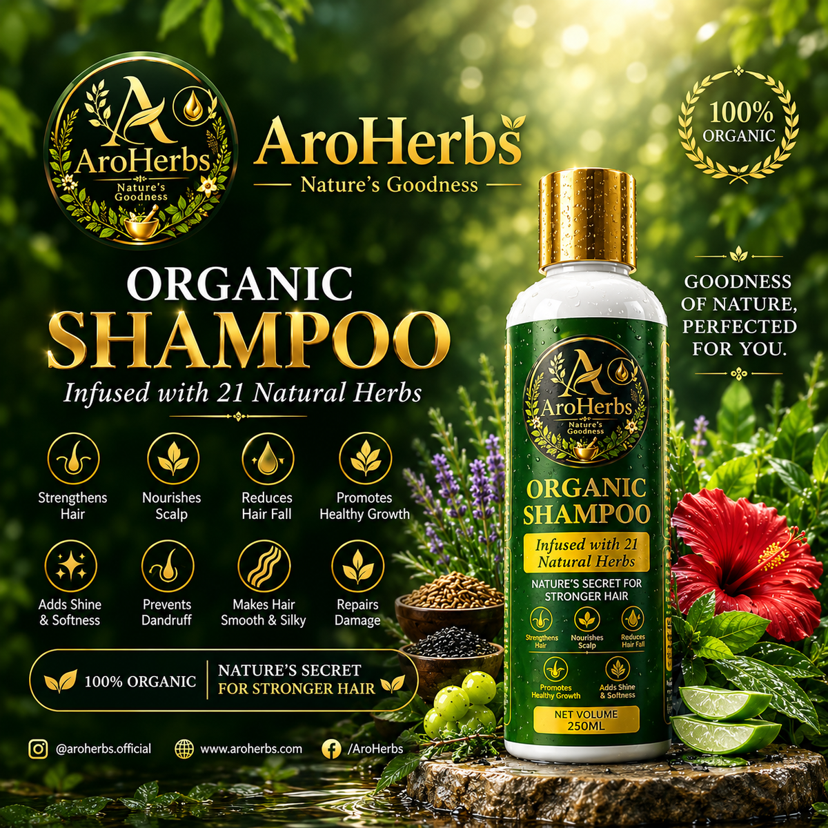 Experience the goodness of 21 natural herbs with AroHerbs Organic Premium Shampoo.